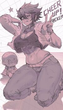 1girl :q abs absurdres belt breasts cleavage commentary crop_top cropped_jacket dispatch earrings english_commentary gabriel_ales highres invisigal_(dispatch) jewelry large_breasts licking_lips looking_at_viewer midriff monochrome one_eye_closed pants short_hair sketch squatting tongue tongue_out v