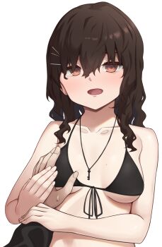 1girl 1other adachi_t_(xadachit) bikini black_bikini black_shirt blush breasts brown_eyes brown_hair collarbone commentary curly_hair dated_commentary front-tie_bikini_top front-tie_top girls&#039;_frontline girls&#039;_frontline_neural_cloud groping hair_between_eyes hair_ornament hairclip hand_on_another&#039;s_hand hatsuchiri_(neural_cloud) highres jewelry key key_necklace long_hair long_sleeves looking_at_viewer medium_breasts necklace open_mouth parallel_hairclips pov pov_hands shirt sidelocks simple_background sweat swimsuit upper_body white_background