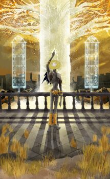 1boy arm_up banner bracelet cape colored_skin commentary elden_ring emaciated english_commentary erdtree_(elden_ring) fromsoftware full_body giant_tree glowing_tree gold_bracelet goldmask's_mask goldmask_(elden_ring) grass grey_skin highres jewelry leg_warmers light_rays loincloth male_focus mask no_shoes outdoors pethrisart railing solo torn_clothes tree white_cape yellow_leg_warmers