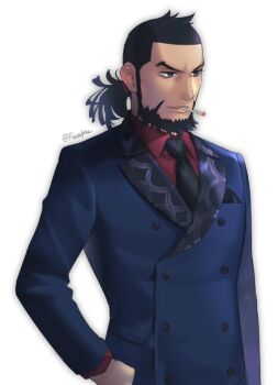 Rule 34 | 1boy, alternate costume, alternate hairstyle, beard, black hair, cigarette, collared shirt, commentary request, earrings, facial hair, foxvulpine, golden kamuy, jewelry, kiroranke, long sleeves, male focus, mature male, mouth hold, necktie, ponytail, red shirt, shirt, simple background, smoking, solo, upper body, v-shaped eyebrows