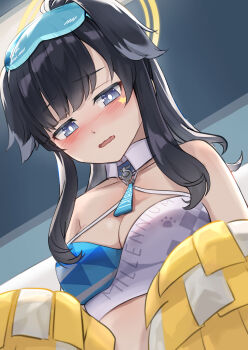 1girl absurdres animal_ears black_hair blue_archive blue_eyes blush breasts cheerleader commentary_request cyclone_tarou dog_ears dog_girl goggles goggles_on_head halo hibiki_(blue_archive) hibiki_(cheer_squad)_(blue_archive) highres holding holding_pom_poms long_hair looking_at_viewer millennium_cheerleader_outfit_(blue_archive) official_alternate_costume open_mouth pom_pom_(cheerleading) pom_poms solo star_(symbol) star_sticker sticker sticker_on_face yellow_halo