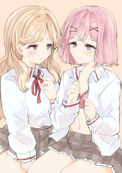 2girls absurdres amaori_renako anty_the blush bra brown_eyes brown_hair closed_mouth collared_shirt commentary_request grey_skirt highres looking_at_another medium_hair multiple_girls neck_ribbon open_clothes open_shirt pink_bra pink_hair pleated_skirt purple_eyes red_ribbon ribbon sena_ajisai shirt skirt sweat underwear undressing watashi_ga_koibito_ni_nareru_wake_naijan_murimuri! white_shirt yellow_background yuri