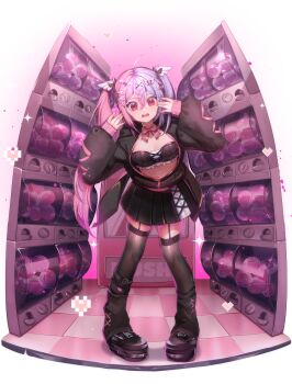 1girl absurdres black_jacket black_shoes black_skirt black_thighhighs black_tube_top blue_hair breasts commentary english_commentary garter_straps gashapon highres jacket loose_socks miniskirt multicolored_hair open_clothes open_jacket open_mouth original pink_hair red_eyes shoe_strap shoes skirt small_breasts socks sparkle split-color_hair strapless tactoki thighhighs tube_top twintails two-tone_hair wavy_mouth