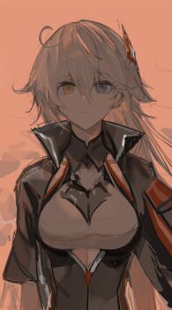 1girl absurdres baiser3rd black_jacket blue_eyes breasts clothing_cutout commentary hair_between_eyes hair_ornament heterochromia highres honkai_(series) honkai_impact_3rd jacket kiana_kaslana kiana_kaslana_(void_drifter) large_breasts long_hair orange_background parted_lips popped_button solo symbol-only_commentary very_long_hair white_hair yellow_eyes