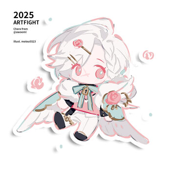 1girl art_fight_attack black_shoes blue_bow blue_bowtie bow bowtie chibi chibi_only commentary english_commentary feathered_wings flower full_body gift_art hair_ornament hairclip highres looking_at_viewer moroo no_mouth original pants parallel_hairclips pink_eyes pink_flower pink_rose pink_shirt rose shirt shoes short_hair simple_background solo twitter_username white_background white_hair white_pants white_wings wings