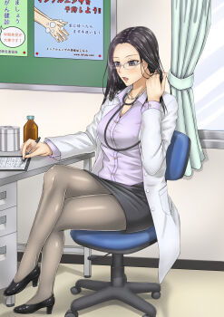 1girl black_eyes black_hair black_shoes black_skirt bottle breasts bulletin_board buttons chair clipboard coat collared_shirt commentary_request crossed_legs curtains desk doctor forehead full_body glasses grey_pantyhose grey_shirt high_heels highres indoors lab_coat long_hair long_sleeves medium_breasts miniskirt on_chair open_clothes open_coat open_mouth original pantyhose parted_bangs pencil_skirt playing_with_own_hair poster_(object) shirt shirt_tucked_in shoes sitting skirt solo stethoscope_around_neck swivel_chair takatora_(natsugumo_himawari) top_of_moe_2016 white_coat window writing