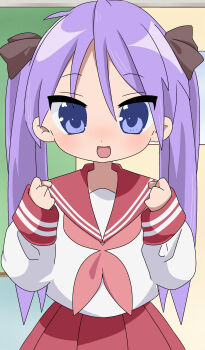 1girl absurdres artist_request blue_eyes classroom dot_nose facing_viewer feet_out_of_frame female_focus hair_between_eyes highres hiiragi_kagami indoors long_hair looking_at_viewer lucky_star open_mouth purple_hair red_sailor_collar red_skirt ribbon ryouou_school_uniform sailor_collar school_uniform serafuku shirt skirt solo source_request standing twintails white_shirt