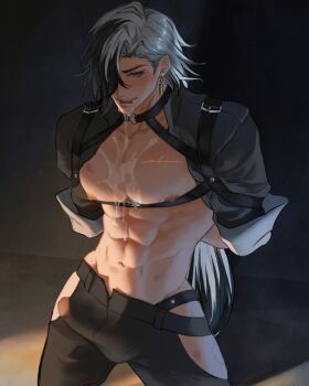 1boy abs arms_behind_back bdsm belt bite_mark bite_mark_on_pecs bite_mark_on_thigh black_belt black_collar black_jacket black_pants black_straps blush bondage boothill_(honkai:_star_rail) bound bulge chamomilde chest_harness clothing_cutout collar commentary cowboy_shot cropped_jacket cum cum_in_mouth cum_on_body ear_piercing earrings english_commentary erection erection_under_clothes grey_eyes groin hair_over_one_eye harness highres honkai:_star_rail honkai_(series) jacket jewelry kneeling long_hair looking_at_viewer male_focus mole mole_under_eye multicolored_hair nipples one_eye_covered open_clothes open_jacket open_mouth pants pectoral_cleavage pectorals penis penis_peek piercing signature single_earring solo teeth thigh_belt thigh_cutout thigh_strap two-tone_hair upper_teeth_only white_hair white_wrist_cuffs wrist_cuffs yaoi