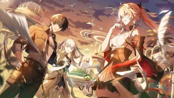 1boy 2girls bare_shoulders bird black_dress black_gloves black_hair black_jacket black_pants braid breasts changli_(wuthering_waves) coat colored_extremities commentary_request dress dutch_angle earrings evening gloves grey_shirt hair_between_eyes hair_extensions hair_rings hand_up hinatsu jacket jewelry jinhsi_(wuthering_waves) long_hair looking_at_another looking_at_viewer male_rover_(wuthering_waves) medium_breasts multicolored_hair multiple_girls outdoors pants parted_lips pink_hair red_hands ring_hair_extensions rover_(wuthering_waves) shirt sleeves_rolled_up smile tacet_mark_(wuthering_waves) thighs twin_braids twintails two-tone_hair white_bird white_coat white_hair wind wuthering_waves yellow_eyes