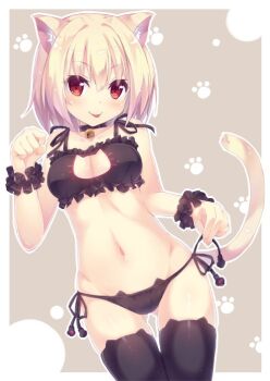 1girl :p akishisu_(air_balance) animal_ear_fluff animal_ears bare_shoulders bell black_choker black_panties black_thighhighs black_wrist_cuffs blush border breasts brown_background cat_ears cat_girl cat_lingerie cat_tail choker cleavage cleavage_cutout closed_mouth clothing_cutout collarbone commentary_request cowboy_shot curvy eyes_visible_through_hair frilled_cuffs gluteal_fold groin hair_between_eyes hand_up holding holding_string jingle_bell looking_at_viewer medium_breasts medium_hair navel neck_bell original panties paw_pose paw_print red_eyes side-tie_panties simple_background smile solo standing stomach string tail tail_raised thigh_gap thighhighs thighs tongue tongue_out underwear v-shaped_eyebrows white_border wrist_cuffs
