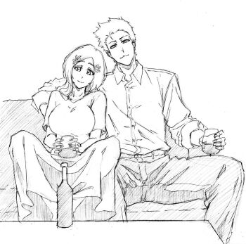 Rule 34 | 1boy, 1girl, bleach, bleach: epilogue, bottle, breasts, closed mouth, collared shirt, couch, couple, cup, greyscale, hair ornament, hetero, holding, holding cup, husband and wife, inoue orihime, kubo tite (style), kurosaki ichigo, large breasts, leaning on person, light smile, long hair, long skirt, monochrome, pants, parted bangs, rakusakugk, shirt, shirt tucked in, short hair, sitting, sketch, skirt, sleeves rolled up, snowflake hair ornament, t-shirt, white background