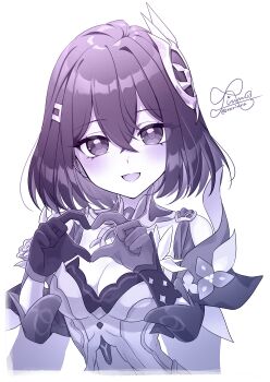 1girl absurdres breasts cleavage dress four-finger_heart_hands gloves hair_ornament heart heart_hands highres honkai_(series) honkai_impact_3rd large_breasts looking_at_viewer monochrome rinna_(xxrinna) seele_vollerei seele_vollerei_(apho) short_hair signature simple_background smile solo twitter_username upper_body