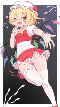 1girl :d absurdres blonde_hair blush bow censored collared_dress crystal_wings cum cum_on_body cum_on_hands cum_on_legs dress facial fang flandre_scarlet food frilled_skirt frilled_thighhighs frills fruit full_body grey_background harunoha hat heart highres loli looking_at_viewer miniskirt mob_cap mosaic_censoring no_panties one_eye_closed open_mouth pussy pussy_juice red_eyes red_shoes red_skirt red_vest ribbon shirt shoes short_hair short_sleeves simple_background skin_fang skirt skirt_set slit_pupils smile solo standing standing_on_one_leg thighhighs touhou vest white_shirt white_thighhighs wings