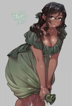 1girl :o agawa_ryou artist_name bent_over breasts brown_eyes brown_hair cleavage collarbone cowboy_shot dark-skinned_female dark_skin dated dress dripping green_dress green_ribbon grey_background hair_between_eyes hair_ribbon half_updo large_breasts layered_dress lips liquid long_hair looking_at_viewer open_mouth original pink_lips ribbon sidelocks signature simple_background sleeveless sleeveless_dress solo standing thick_lips very_dark_skin water wavy_hair wet wet_clothes wet_dress wet_hair wringing wringing_clothes wringing_dress