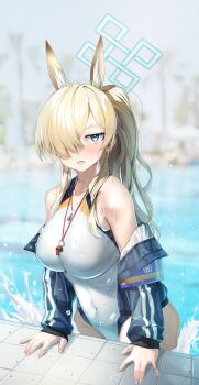 1girl absurdres animal_ear_fluff animal_ears armband blonde_hair blue_archive blue_eyes blue_halo blurry blurry_background blush breasts competition_swimsuit day depth_of_field dog_ears extra_ears hair_over_one_eye halo highleg highleg_one-piece_swimsuit highres jacket kanna_(blue_archive) kanna_(swimsuit)_(blue_archive) large_breasts long_hair long_sleeves looking_at_viewer notched_ear off_shoulder official_alternate_costume one-piece_swimsuit open_clothes open_jacket outdoors ponytail pool poolside purple_armband sharp_teeth solo swimsuit teeth walking_nakta water wet whistle whistle_around_neck white_one-piece_swimsuit
