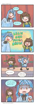 2024 2girls 4koma absurdres blue_hair blue_overalls brown_hair character_name child comic crossover english_text fayartworks freckles green_shirt highres indie_virtual_youtuber lily_hopkins multiple_girls overalls pointing shirt soyapoya_(vtuber) speech_bubble virtual_youtuber