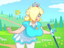 1girl animated artist_name blonde_hair blue_eyes blue_gloves blue_shirt blue_skirt blue_sky bouncing_breasts breasts cleavage closed_mouth cloud covered_erect_nipples crown dancing dirt_road earrings eyelashes fence floating flower gloves golf golf_club golf_course gradient_clothes gradient_shirt hair_over_one_eye hands_up hanging_breasts hard-degenerate holding holding_golf_club holding_wand jewelry large_breasts levitation lips long_hair looking_down looping_animation mario_(series) mario_golf mario_golf:_super_rush nail_polish nintendo outdoors outstretched_arms pantyhose polo_shirt purple_nails road rosalina shirt short_sleeves single_glove skirt sky smile solo star_(symbol) star_earrings star_pin telekinesis thick_lips tree video wand white_pantyhose white_shirt white_skirt wooden_fence