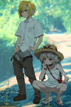 1boy 1girl bare_shoulders belt black_belt blonde_hair blush brown_pants brown_shoes censored closed_mouth collared_shirt commentary_request fangs flaccid green_eyes grey_panties hat heisei_(user_rpxm3588) highres makaino_ririmu makaino_ririmu_(3rd_costume) mosaic_censoring nijisanji official_alternate_costume outdoors panties pants pee peeing peeing_together penis pointy_ears pussy red_bag red_eyes red_hair sandals shirt shoes squatting standing sweatdrop underwear uzuki_kou virtual_youtuber white_shirt