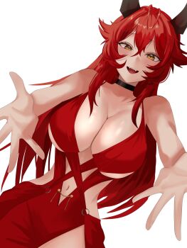 1girl antenna_hair black_choker blush breasts choker cleavage clothing_cutout commentary_request double-parted_bangs dress fangs goddess_of_victory:_nikke hair_between_eyes halter_dress halterneck highres horns hug_invitation large_breasts long_hair looking_at_viewer mechanical_horns navel navel_cutout official_alternate_costume open_mouth outstretched_arms red_dress red_hair red_hood_(nikke) red_hood_(nonsense_red)_(nikke) simple_background smile solo tato0324iti upper_body very_long_hair white_background yellow_eyes