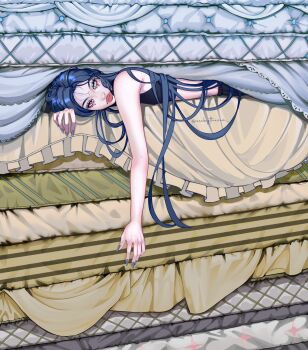 1girl aegyo_sal asian blue_eyes blue_hair blue_nails eyelashes fingernails forehead four-pointed_star frills heterochromia highres long_fingernails long_hair looking_at_viewer lying lying_on_hand mattress mole mole_on_arm mole_on_forehead mole_on_hand mole_on_shoulder mole_under_each_eye mole_under_eye multiple_moles on_stomach original parted_bangs pink_lips thick_eyebrows thick_lips triple_horizontal_stripe umi_(zeebythesea) very_long_hair zeebythesea