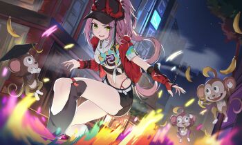 :3 aqua_hair banana black_boots black_hat black_skirt boots building city closed_mouth crop_top cross-eyed eyelashes fingerless_gloves fingernails fishnets food fruit gloves green_eyes hat highres holding holding_food holding_fruit honkai:_star_rail honkai_(series) jacket long_hair mellow_kaede midriff monkey mortarboard multicolored_hair navel night open_clothes open_jacket open_mouth paint_splatter pink_hair ponytail rappa_(honkai:_star_rail) red_gloves red_jacket shirt short_sleeves sidelocks single_fingerless_glove skirt smile streaked_hair thighs tree white_shirt