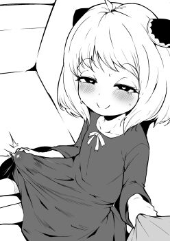 1futa anya_(spy_x_family) blush bulge couch dress erection erection_under_clothes futanari greyscale hairpods heart heart-shaped_pupils highres loli long_dress looking_at_viewer makin_tama medium_hair monochrome on_couch sitting solo spy_x_family symbol-shaped_pupils