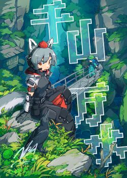 Rule 34 | 2girls, absurdres, alternate costume, animal ears, aqua jumpsuit, arm guards, armband, backpack, bag, bird, black pants, blue hair, bridge, crow, day, doggo 1d34, gloves, green hat, grey gloves, grey hair, hat, headset, highres, hood, hood down, inubashiri momiji, jumpsuit, kawashiro nitori, looking at viewer, multiple girls, nature, open mouth, orange eyes, outdoors, pants, red hat, rock, scenery, short sleeves, signature, tail, tokin hat, touhou, wolf ears, wolf tail, zipper