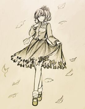 Rule 34 | 1girl, absurdres, aki shizuha, chinese commentary, closed mouth, collared shirt, commentary request, falling leaves, full body, hair ornament, highres, holding own skirt, leaf, leaf hair ornament, long sleeves, looking at viewer, mary janes, monochrome, shirt, shoes, short hair, sitting, smile, socks, solo, touhou, wu yu wanwan