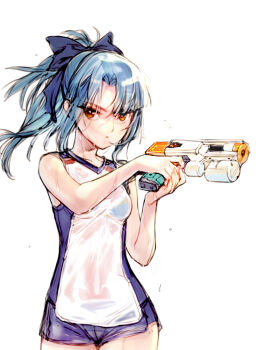 Rule 34 | 1girl, alice gear aegis, bare shoulders, blue bow, blue bra, blue hair, bow, bra, branch (blackrabbits), breasts, brown eyes, commentary request, gun, hair bow, handgun, high ponytail, holding, holding gun, holding weapon, long hair, looking at viewer, ponytail, see-through clothes, serious, shirt, short shorts, shorts, simple background, sketch, sleeveless, sleeveless shirt, small breasts, solo, takanashi rei, underwear, weapon, wet, wet clothes, white background
