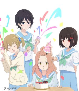 Rule 34 | 4girls, absurdres, black hair, blonde hair, blue sailor collar, cardigan, casyu nut, character request, hat, highres, kenzaki ririka, multiple girls, party hat, party popper, sailor collar, school uniform, yoshikawa yuuko