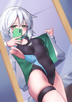 1girl absurdres black_one-piece_swimsuit breasts cellphone commentary_request competition_swimsuit dutch_angle grey_eyes grey_jacket highres jacket marshallbanana_(mashallbanana9) mirror_selfie one-piece_swimsuit original phone selfie short_hair small_breasts solo standing swimsuit thigh_strap two-tone_swimsuit white_hair