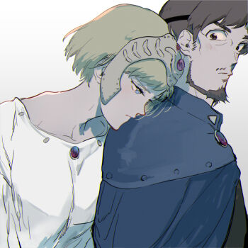 1boy 1girl beard black_eyes blonde_hair blue_cloak blue_eyes blush brown_hair cloak closed_mouth collarbone facial_hair gem grey_background head_on_another&#039;s_shoulder head_rest headpiece kaze_no_tani_no_nausicaa kurotowa kushana looking_at_another mustache_stubble red_gemstone serizawa_nae shirt short_hair simple_background stubble upper_body white_shirt