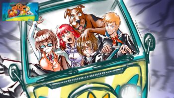 Rule 34 | 2girls, 3boys, blonde hair, breasts, brown hair, car, daphne blake, dog, fred jones, glasses, highres, keyliom, large breasts, looking at viewer, motor vehicle, multiple boys, multiple girls, mystery machine, night, outdoors, parody, scared, scene reference, school uniform, scooby-doo, scooby-doo (series), shaggy rogers, smile, van, velma dinkley