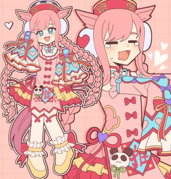 1girl absurdres agnes_digital_(lovely_jiangshi)_(umamusume) agnes_digital_(umamusume) animal_ears blue_eyes blush bobamiruku braid bright_pupils closed_eyes commentary detached_sleeves double_bun dress drooling english_commentary hair_bun hat heart highres horse_ears horse_girl horse_tail jiangshi jiangshi_costume long_hair long_sleeves low_twin_braids mouth_drool official_alternate_costume official_alternate_hairstyle ofuda open_mouth outstretched_arms pink_dress pink_hair pink_sleeves qingdai_guanmao sleeves_past_fingers sleeves_past_wrists smile sweatdrop tail twin_braids umamusume white_pupils zombie_pose