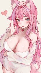 Rule 34 | 1girl, :d, animal ear fluff, animal ears, arm under breasts, blue eyes, blush, breasts, choker, cleavage, commentary, cropped legs, detached sleeves, dress, food, fox ears, fruit, hair between eyes, hair intakes, hand to own mouth, heart, highres, indie virtual youtuber, large breasts, long hair, looking at viewer, mochiimochii (vtuber), naokomama, open mouth, parted bangs, pink hair, simple background, smile, solo, strawberry, very long hair, virtual youtuber, wavy hair, white background, white choker, white dress
