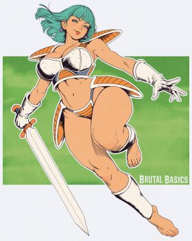 1girl 2025 absurdres alternate_breast_size_(larger) alternate_costume armor artist_name barefoot bikini_armor blue_eyes blue_hair breasts brutalxbasics bulma cleavage clenched_hand commentary dragon_ball dragonball_z dynamic_pose earrings english_commentary feet female_focus floating floating_hair full_body gloves green_background head_tilt highres holding holding_sword holding_weapon jewelry large_breasts lips looking_at_viewer midriff navel open_hand outside_border pauldrons saiyan_armor shoulder_armor simple_background solo straight_hair sword thick_thighs thighs toes weapon white_gloves