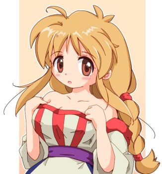 1girl arc_the_lad arc_the_lad_ii bare_shoulders blue_eyes braid breasts brown_hair cleavage collarbone commentary_request dress lieza_(arc_the_lad) long_hair looking_at_viewer low-tied_long_hair open_mouth retro_artstyle single_braid solo very_long_hair zipang_(zip@ng_works)