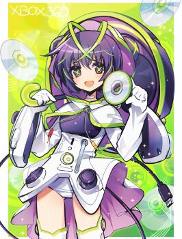 Rule 34 | 1girl, antenna hair, anzu (anzuhan), cable, cable tail, capelet, cd, commentary, cowboy shot, dress, fang, game console, gloves, green background, green hair, green pupils, high-low dress, highres, holding, holding umbrella, hood, hooded capelet, mechanical tail, microsoft, multicolored hair, original, outside border, personification, power symbol, purple eyes, purple hair, school swimsuit, short hair, skin fang, solo, swimsuit, symbol-shaped pupils, tail, thighhighs, umbrella, x-shaped pupils, xbox 360, xbox 360 (personification)