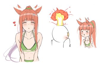 &gt;3&lt; 1girl absurdres animal_ears bikini blunt_bangs blush breasts closed_eyes ear_wiggle finger_to_mouth green_bikini highres horse_ears horse_girl kimchi_(user_mpzz8457) long_hair looking_at_viewer navel orange_hair parted_lips ponytail sidelocks silence_suzuka_(umamusume) stomach swimsuit trainer_(umamusume) umamusume waiting_for_kiss