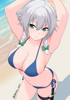 1girl absurdres alternate_breast_size_(larger) armpits arms_up beach bikini blue_bikini blue_eyes blush bow braid breasts green_bow green_ribbon grey_hair hair_between_eyes hair_bow hair_ribbon highres izayoi_sakuya knife large_breasts long_hair looking_at_viewer navel ocean pamu_art ribbon short_hair solo string_bikini swimsuit thigh_strap thighs touhou twin_braids twitter_username