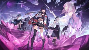 3girls absurdres asymmetrical_legwear bad_source belt black_boots black_gloves black_shorts black_thighhighs blue_eyes boots bronya_zaychik chinese_commentary closed_mouth commentary_request concert crystal dress drum electric_guitar elf elysia_(honkai_impact) gibson_les_paul gloves grey_eyes grey_hair guitar hat high_heel_boots high_heels highres holding holding_microphone honkai_(series) honkai_impact_3rd instrument keyboard_(instrument) kiana_kaslana long_hair looking_at_viewer microphone microphone_stand midriff multiple_girls music off-shoulder_dress off_shoulder official_art official_wallpaper open_mouth pink_eyes pink_hair pointy_ears ponytail purple_eyes purple_hair raiden_mei shorts singing single_thighhigh sitting standing thigh_strap thighhighs white_dress white_hair