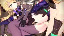 1boy 1girl 3d aether_(genshin_impact) anal animated ass blonde_hair bottomless cleft_of_venus clothed_sex cum cum_in_ass cumdrip ejaculation eyepatch fischl_(genshin_impact) genshin_impact gloves green_eyes hetero horizontalslope lehornysfx lying moaning multiple_views on_side open_mouth opennsfwsp paid_reward_available penis pussy raptoraudiosfx sex shennychwan sound tagme thighhighs video
