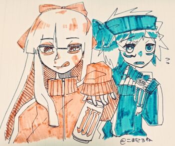 Rule 34 | 2girls, alternate costume, artist name, hair ribbon, half-closed eyes, hood, hoodie, index finger raised, long hair, looking at viewer, monster (drink), multiple girls, nakoruru, open mouth, ribbon, rimururu, samurai spirits, short hair, siblings, sisters, smile, snk, tongue, traditional media, wrinkled skin