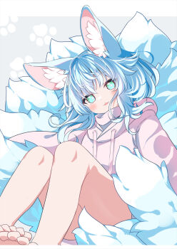 1girl :d animal_ear_fluff animal_ears barefoot blue_eyes blue_hair commission daidai_ookami drawstring fang grey_background head_tilt highres hood hood_down hoodie knees_up long_hair long_sleeves looking_at_viewer open_mouth original pink_hoodie puffy_long_sleeves puffy_sleeves skeb_commission smile solo tail