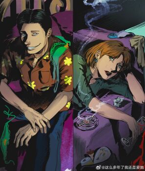 1boy 1girl absurdres animification ashtray bed black_hair blue_eyes borderline7839 bra can chinese_commentary cigarette commentary_request couch crying cup drink_can drinking_glass earrings family_guy glenn_quagmire green_bra green_panties green_shirt hat highres holding holding_cup jewelry lois_griffin mature_female orange_hair panties red_shirt shirt sleeves_rolled_up spilling split_screen streaming_tears tears trash_bag underwear unworn_bra unworn_hat unworn_headwear used_tissue watermark weibo_watermark wine_glass