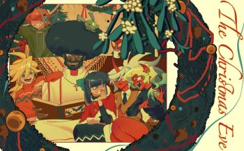 2boys 4girls anal_beads blonde_hair blue_eyes blue_hair brief_(psg) christmas christmas_tree chuck_(psg) fastener_(psg) garterbelt_(psg) green_eyes green_hair guru.zong highres kneesocks_(psg) long_hair multiple_boys multiple_girls panty_&amp;_stocking_with_garterbelt panty_(psg) purple_hair scanty_(psg) sex_toy stocking_(psg) sweater