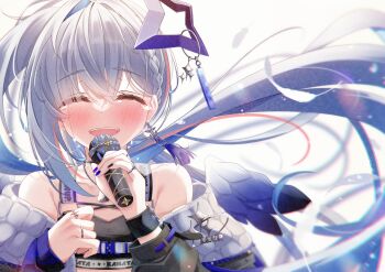 1girl absurdres amane_kanata amane_kanata_(lock_on) bare_shoulders belt black_choker black_jacket black_sports_bra blue_hair blue_halo blue_wings blush breasts choker closed_eyes closed_mouth collarbone commentary_request crossed_bangs crying earrings facing_viewer gradient_hair gradient_wings grey_hair hair_between_eyes halo highres holding holding_microphone hololive jacket jewelry long_hair long_sleeves masanohe_(etoileair) microphone mini_wings multicolored_hair multicolored_wings necklace official_alternate_costume simple_background single_hair_intake small_breasts smile solo sports_bra star_(symbol) star_earrings star_halo streaming_tears tears tilted_halo upper_body virtual_youtuber white_belt wings