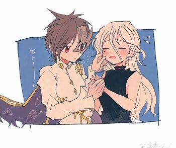 2girls black_dress blush brown_hair brown_mask cheek_pinching closed_eyes commentary_request dress eye_print grey_hair hair_between_eyes half_mask itomugi-kun iwanaga_ariya long_hair long_hair_between_eyes long_sleeves mask mask_over_one_eye multiple_girls open_mouth pinching red_eyes ribbon_around_body shirt short_hair skeletal_clothes skeletal_wings sleeveless sleeveless_dress touhou translation_request turtleneck turtleneck_dress very_long_hair white_shirt wings yuiman_asama