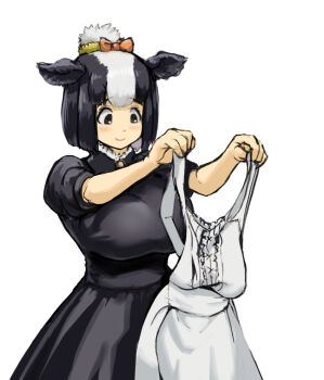 1girl alternate_costume animal_ears apron black_dress black_eyes black_hair blush bow collar cow_ears cow_girl cowboy_shot dress enmaided frilled_collar frills hair_between_eyes hair_bow hair_bun hatch_(hatch_box) high_collar holstein_friesian_cattle_(kemono_friends) kemono_friends maid multicolored_hair orange_bow puffy_sleeves short_hair sidelocks smile solo two-tone_hair unworn_apron white_apron white_hair