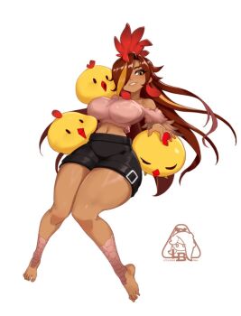 1girl artist_logo barefoot bird bird_girl black_skirt breasts brown_eyes brown_hair chicken comb_(chicken) commentary english_commentary feathers full_body hair_over_one_eye large_breasts lips little123blood logo long_hair looking_at_viewer midriff navel open_mouth original scales simple_background skirt smile solo stomach thick_thighs thighs toes very_long_hair white_background